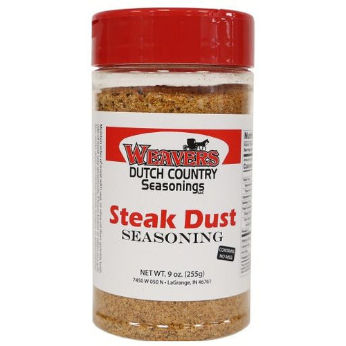 Clear plastic shaker with red lid holding handcrafted steak dust seasoning blend made in USA, ideal for Kitchen & Food, Food, Pantry, USA Made, Best Sellers, and Promo Eligible collections.
