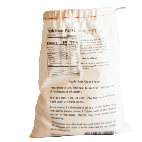 Natural fabric drawstring bag featuring handcrafted Apple Basil Cider bread mix with baking instructions and nutrition facts, ideal for Kitchen & Food, Pantry, Dry Goods and Mixes, Best Sellers, Promo Eligible collections.
