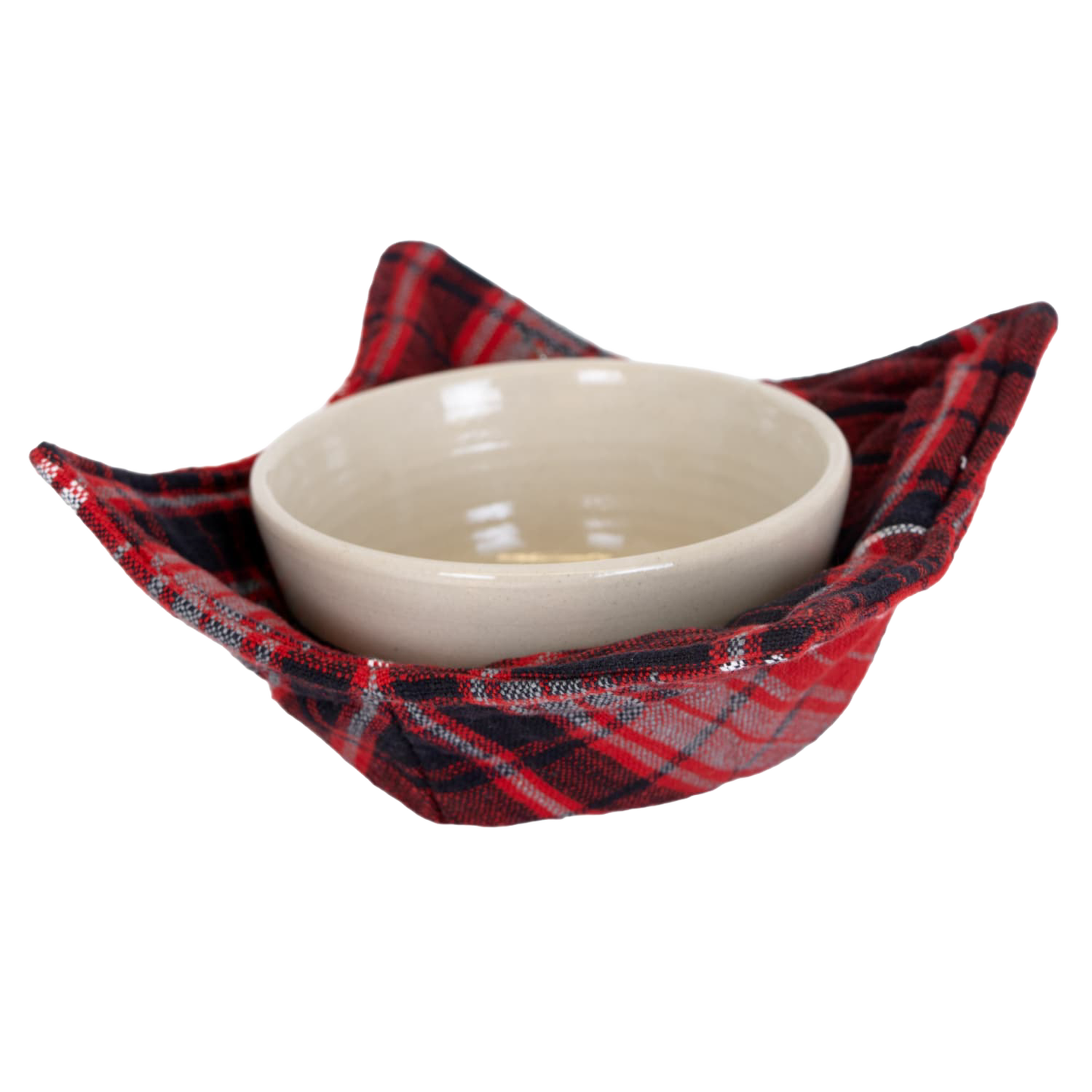 Handcrafted plaid bowl cozy made from 100% cotton, designed to safely hold hot bowls or mugs, featured in Kitchen & Food, Kitchen Textiles, Storage and Serving, Best Sellers, and Promo Eligible collections.