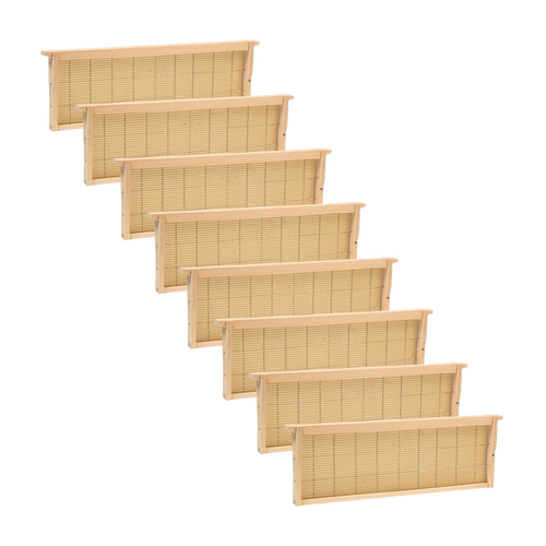 Set of handcrafted medium wooden bee frames with wired natural beeswax foundation, Amish made and USA crafted, ideal for beekeeping supplies and hive maintenance collections.