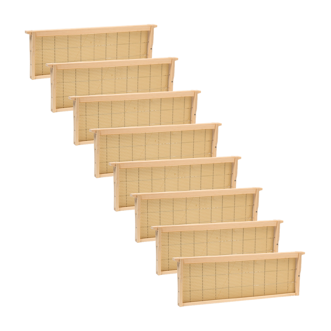 Set of handcrafted medium wooden bee frames with wired natural beeswax foundation, Amish made and USA crafted, ideal for beekeeping supplies and hive maintenance collections.