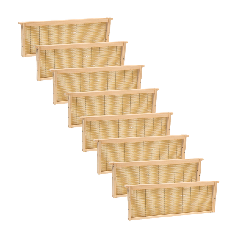 Set of handcrafted medium wooden bee frames with wired natural beeswax foundation, Amish made and USA crafted, ideal for beekeeping supplies and hive maintenance collections.