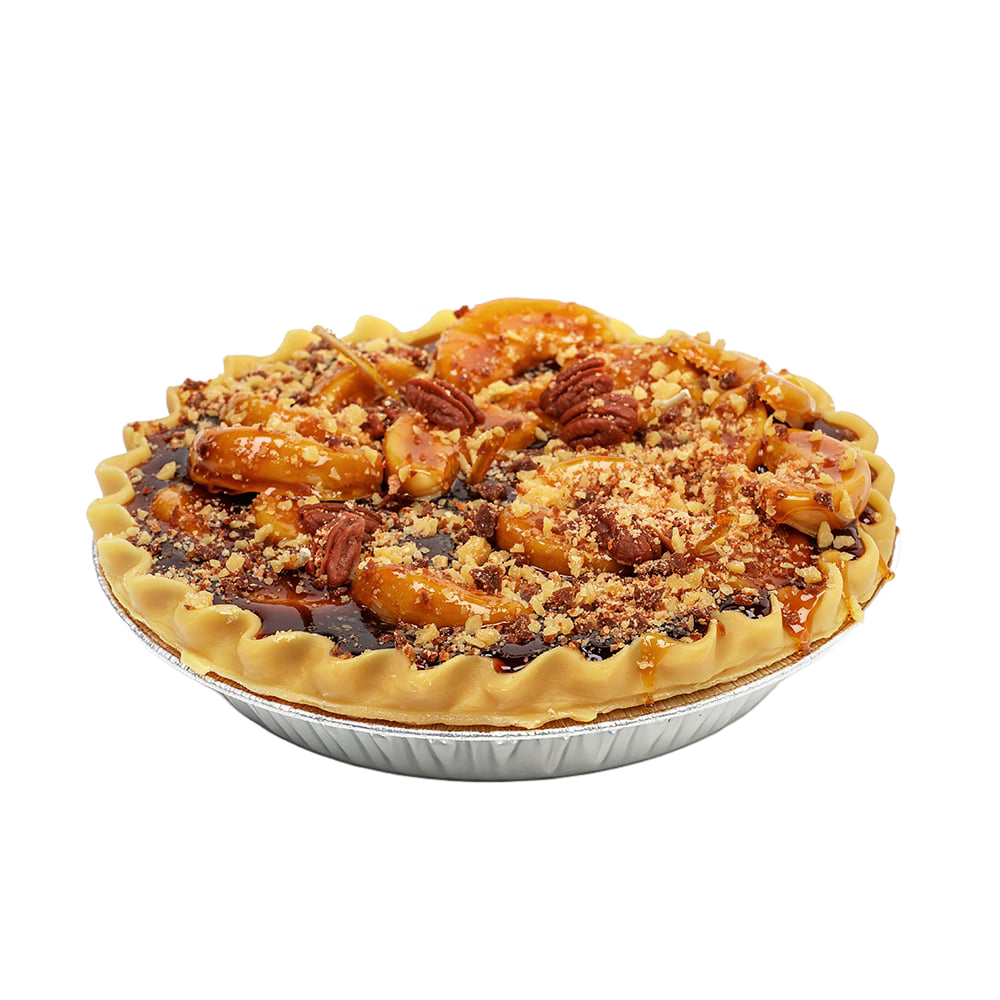 Handcrafted scented apple pie dessert candle with realistic crust, pecan topping, and crumbly streusel in a foil pie pan, featured in Home & Decor, Farm, Garden & Tool, Apple Harvest Supplies, Decor, USA Made, Best Sellers, and Promo Eligible collections.