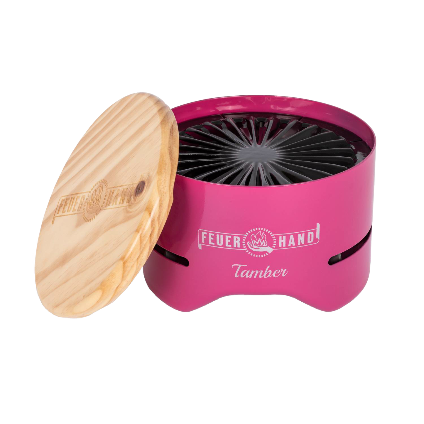 Unique handcrafted pink tabletop charcoal grill with a radial vent grate and carved wooden lid, ideal for Farm, Garden & Tool, Camping, Grilling, and Stoves collections.