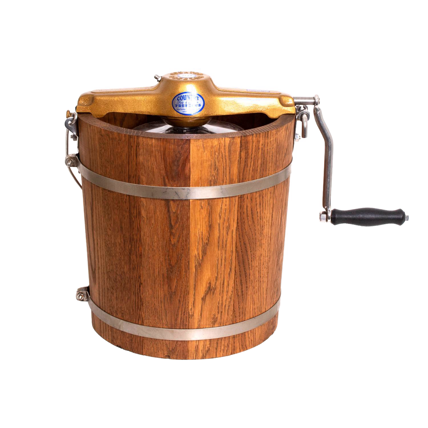 Handcrafted wooden ice cream freezer with metal bands and smooth crank handle, showcasing rugged Amish made quality for Kitchen & Food, Specialty Equipment, and USA Made collections.