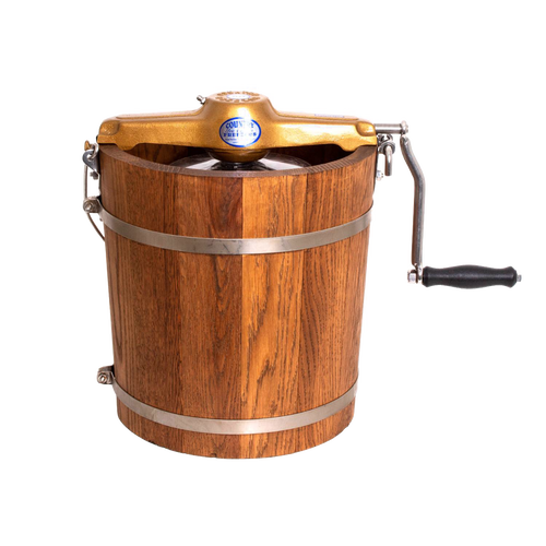 Handcrafted wooden ice cream freezer with metal bands and smooth crank handle, showcasing rugged Amish made quality for Kitchen & Food, Specialty Equipment, and USA Made collections.