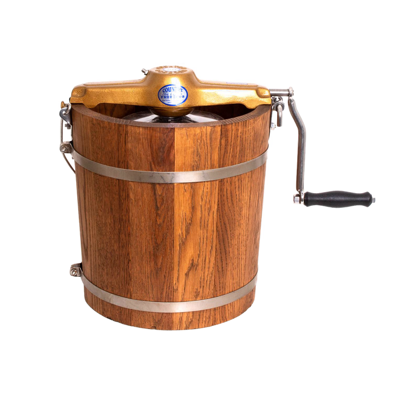 Handcrafted wooden ice cream freezer with metal bands and smooth crank handle, showcasing rugged Amish made quality for Kitchen & Food, Specialty Equipment, and USA Made collections.