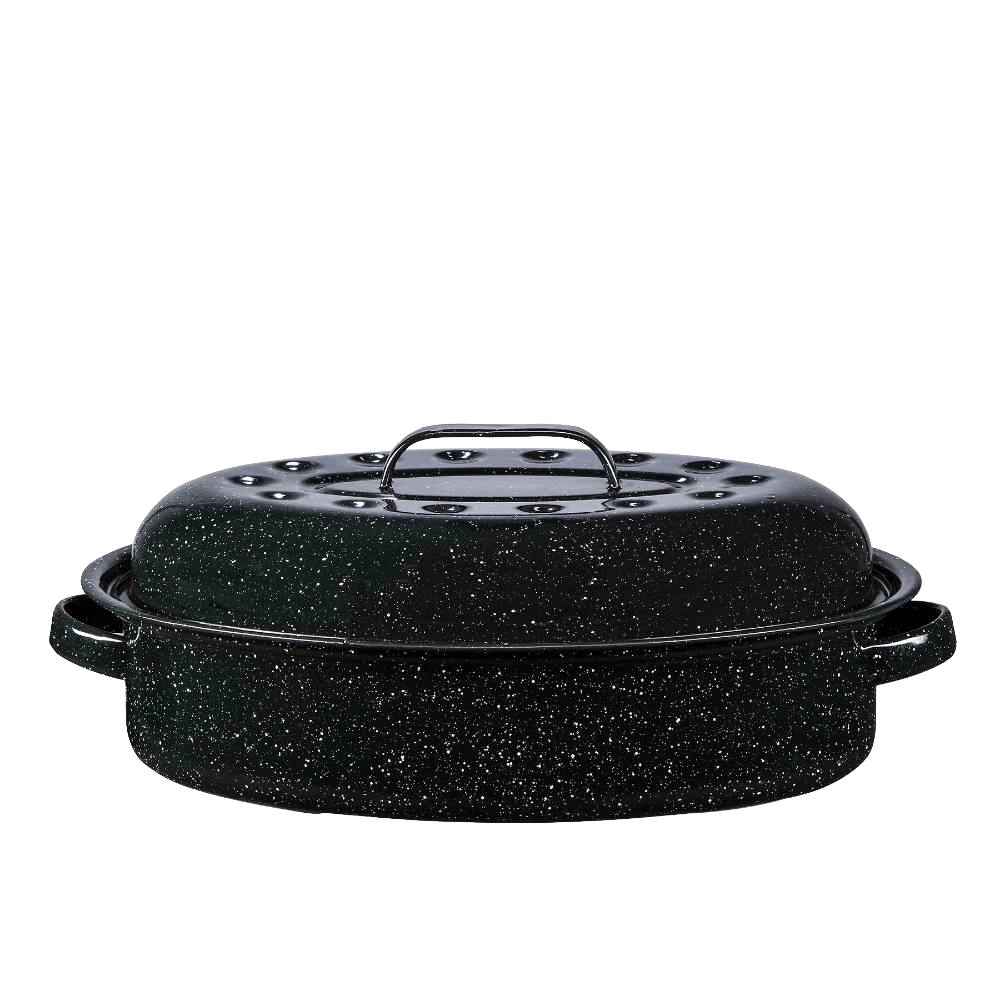 Oval classic graniteware roaster in black enamel-on-steel with self-basting lid dimples and side handles, handcrafted for Kitchen & Food, Cookware, Pots and Pans, and Best Sellers collections.