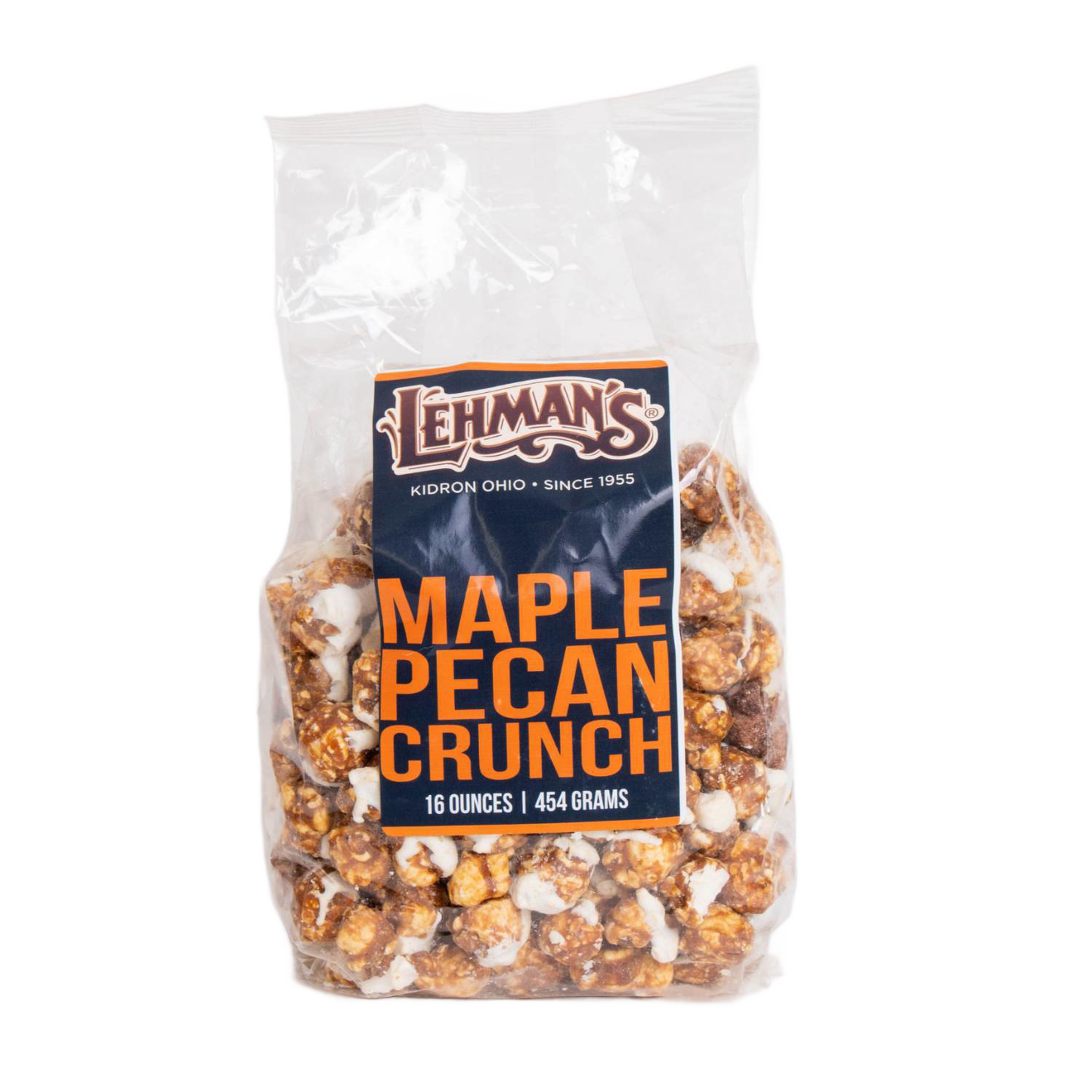 Clear bag of handcrafted caramel corn coated with maple and pecan flavors, a unique sweet snack made in USA, featured in Kitchen & Food, Snacks and Sweets, Popcorn, and Best Sellers collections.