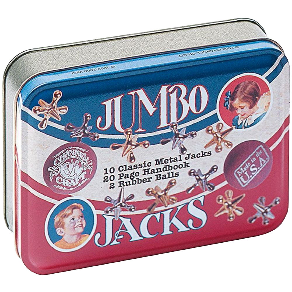 Handcrafted metal jacks game in a vintage-style tin box with two rubber balls and a 20-page instruction handbook, made in USA, featured in Toys, Books & Games, USA Made, Children's Toys, and Best Sellers collections.