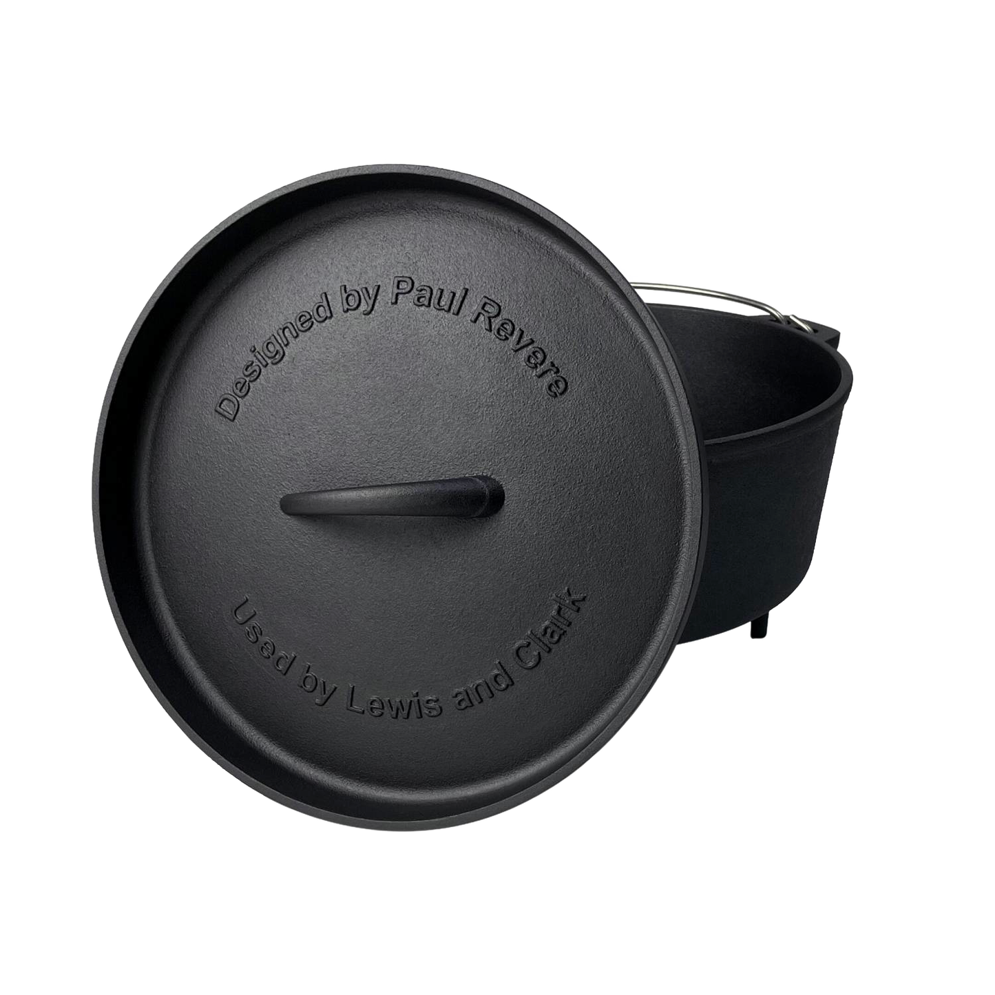 Handcrafted nitrided cast iron Dutch oven with lid featuring historic engraved text, designed for durable outdoor cooking in Farm, Garden & Tool, Kitchen & Food, Camping, and Cast Iron collections.