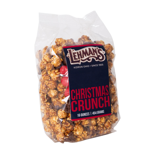 Clear bag of handcrafted caramel popcorn mixed with festive red and white peppermint candies and milk chocolate pieces, perfect for Kitchen & Food, Snacks and Sweets, Popcorn, Best Sellers, and Promo Eligible collections.