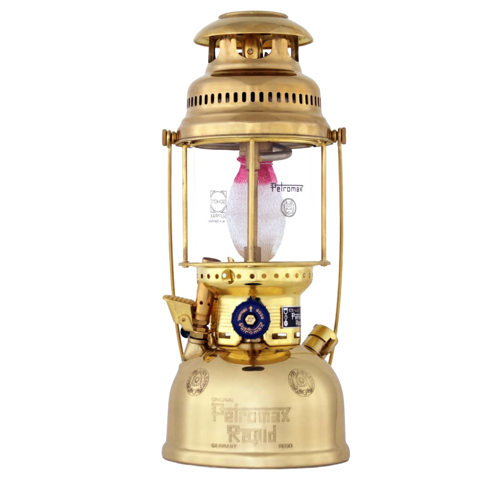 Handcrafted brass kerosene pressure lamp with blue control valve and clear glass globe, ideal for farm, garden, camping, emergency supplies, and outdoor lighting collections.