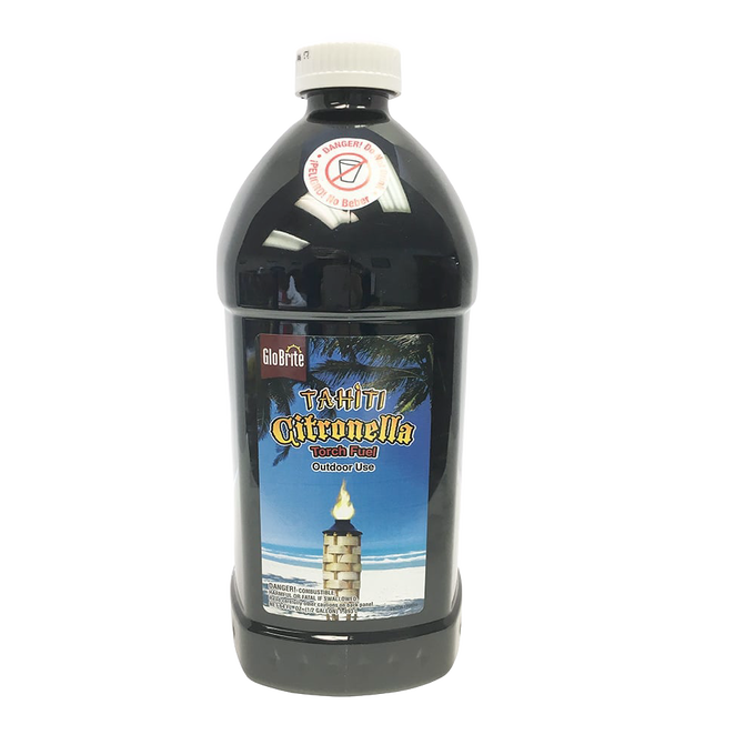 Dark plastic bottle of citronella torch fuel with tropical beach label, designed to repel insects and provide outdoor lighting, featured in Camping, Pest Control, and Lamps & Lighting collections.