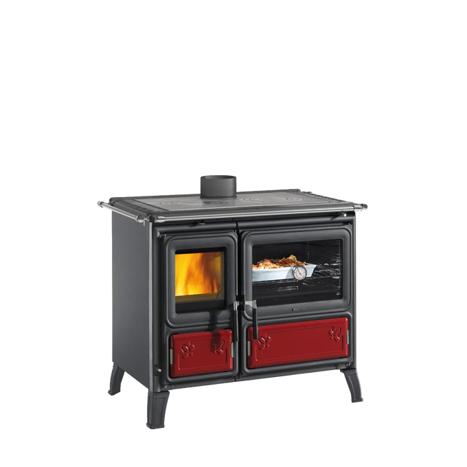 Handcrafted La Nordica Milly wood cook stove with cast iron fire door, optional food warmer compartment, external air intake, and legs for easy cleaning, featured in Stoves and Cookstoves collections.