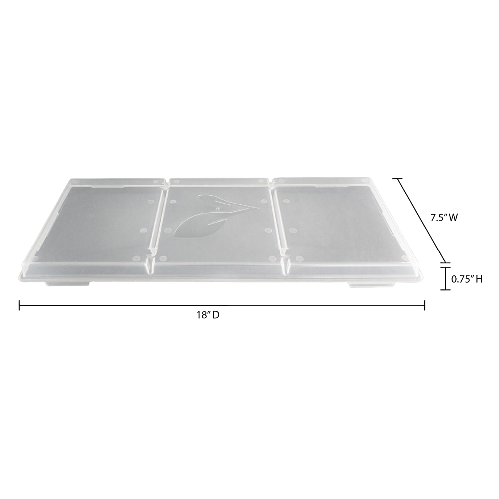 Clear plastic tray lid with three compartments and subtle leaf motif, designed for covering and stacking food trays, featured in Kitchen & Food, Food Preservation, Drying, Best Sellers, and Promo Eligible collections.