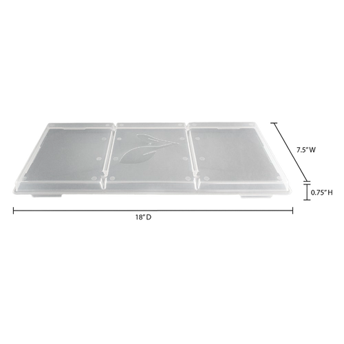 Clear plastic tray lid with three compartments and subtle leaf motif, designed for covering and stacking food trays, featured in Kitchen & Food, Food Preservation, Drying, Best Sellers, and Promo Eligible collections.