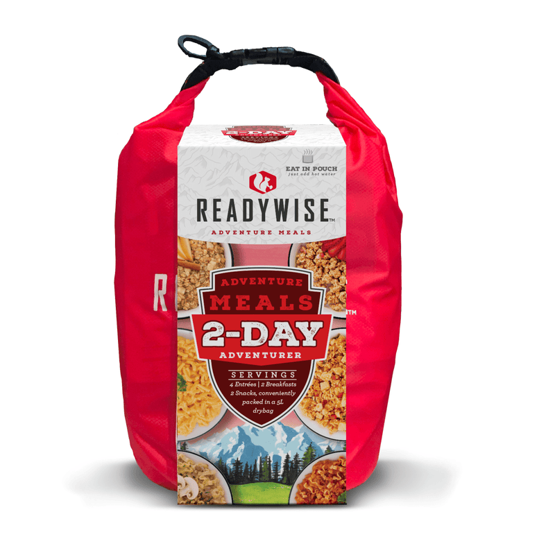 Red 5-liter dry bag containing ReadyWise portable 2-day adventure meals with four entrees, two breakfasts, and two snacks, ideal for camping, emergency supplies, and USA made collections.