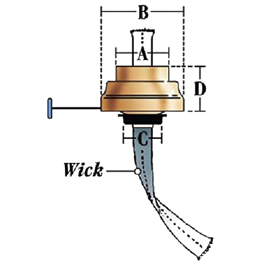 Diagram of a brass burner with a wick, featuring labeled measurements for width, height, and wick size, designed for use in lanterns within camping, emergency supplies, and lamp accessories collections.