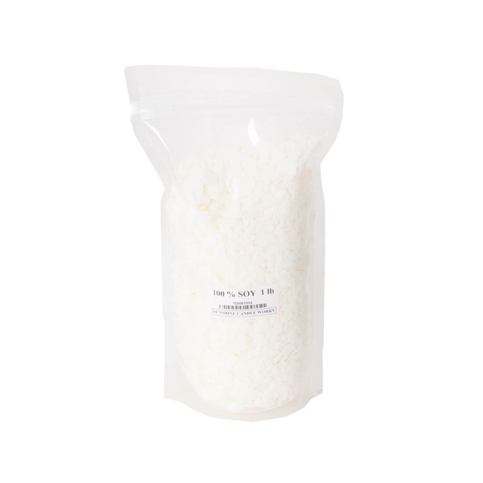 Clear resealable pouch filled with one pound of natural white soy wax flakes, a handcrafted ingredient for beginner-friendly candle making in lamps and lighting collections.