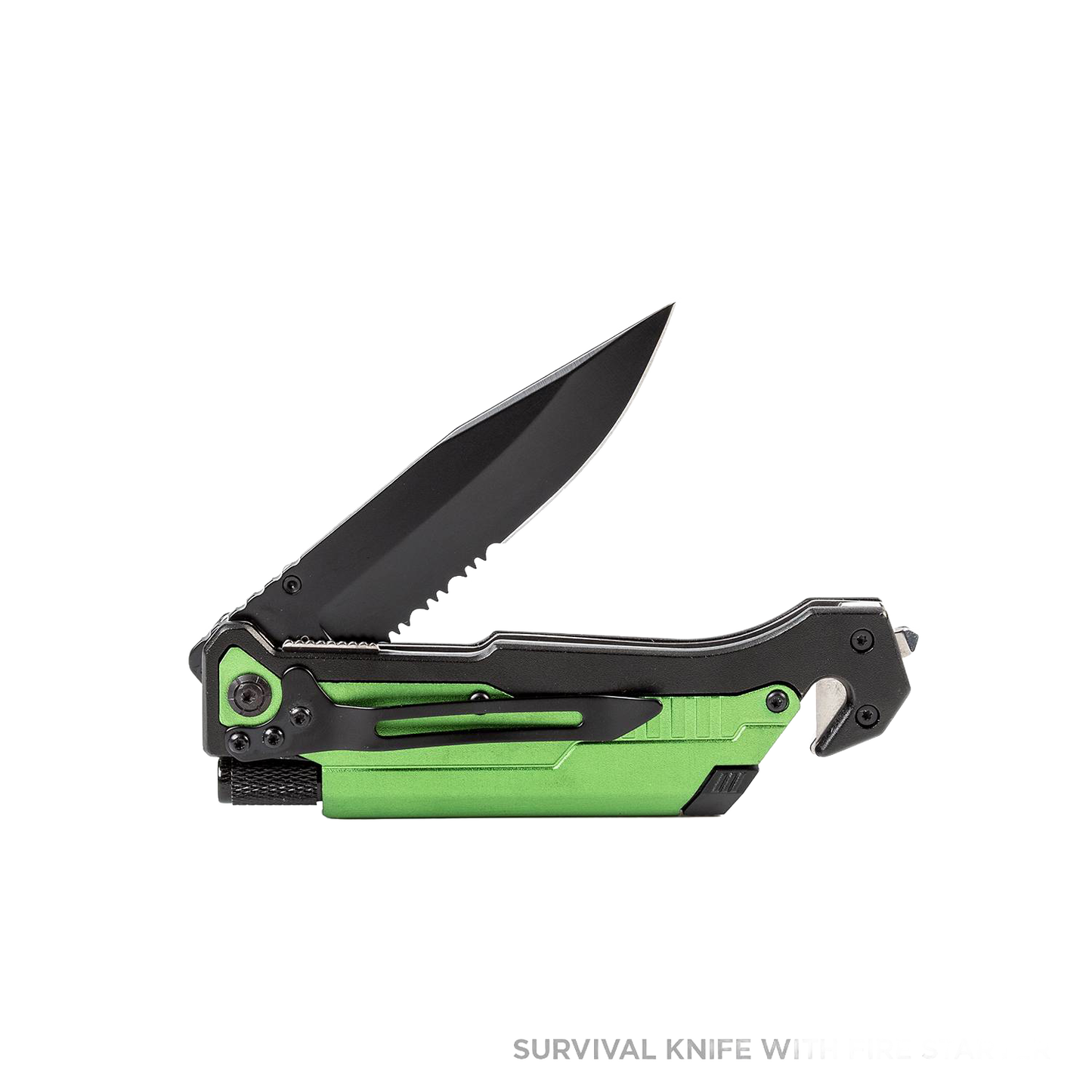 Compact folding survival knife with black blade and green handle, featuring a seatbelt cutter and glass breaker, designed for outdoor, camping, and emergency use in Farm, Garden & Tool and Best Sellers collections.