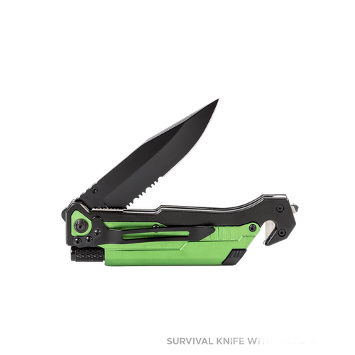 Compact folding survival knife with black blade and green handle, featuring a seatbelt cutter and glass breaker, designed for outdoor, camping, and emergency use in Farm, Garden & Tool and Best Sellers collections.
