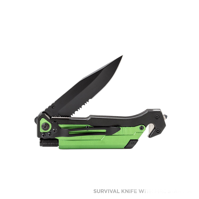 Compact folding survival knife with black blade and green handle, featuring a seatbelt cutter and glass breaker, designed for outdoor, camping, and emergency use in Farm, Garden & Tool and Best Sellers collections.