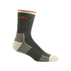 Dark gray midweight hiking sock with reinforced heel and toe, orange accent stitching near cuff, designed for durability and comfort, made in USA, ideal for camping and outdoor collections.