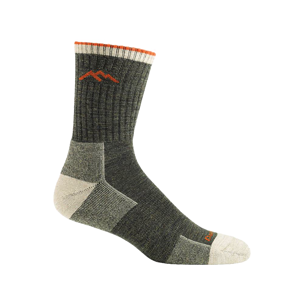 Dark gray midweight hiking sock with reinforced heel and toe, orange accent stitching near cuff, designed for durability and comfort, made in USA, ideal for camping and outdoor collections.