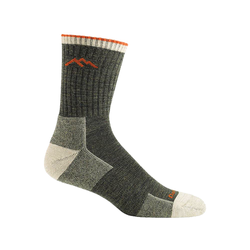 Dark gray midweight hiking sock with reinforced heel and toe, orange accent stitching near cuff, designed for durability and comfort, made in USA, ideal for camping and outdoor collections.