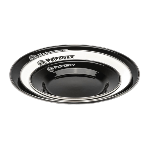 Set of durable black and white enamel plates with bold logos, handcrafted for outdoor use in Farm, Garden & Tool, Kitchen & Food, Camping, Dinnerware, Best Sellers, and Promo Eligible collections.