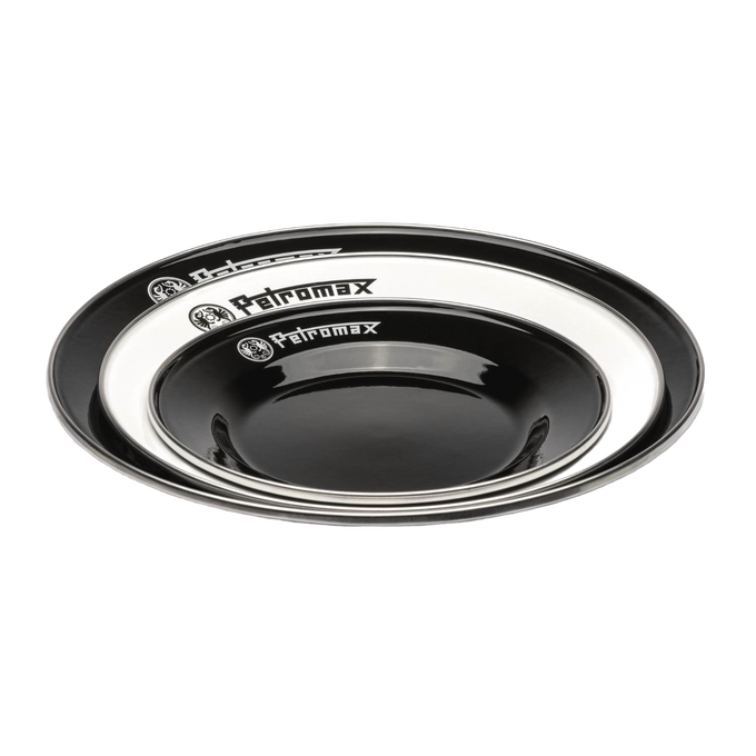 Set of durable black and white enamel plates with bold logos, handcrafted for outdoor use in Farm, Garden & Tool, Kitchen & Food, Camping, Dinnerware, Best Sellers, and Promo Eligible collections.