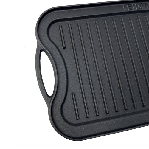 Handcrafted nitrided cast iron griddle with ribbed surface and integrated side handle, designed for durable outdoor cooking in Farm, Garden & Tool, Kitchen & Food, Camping, and Cookware collections.