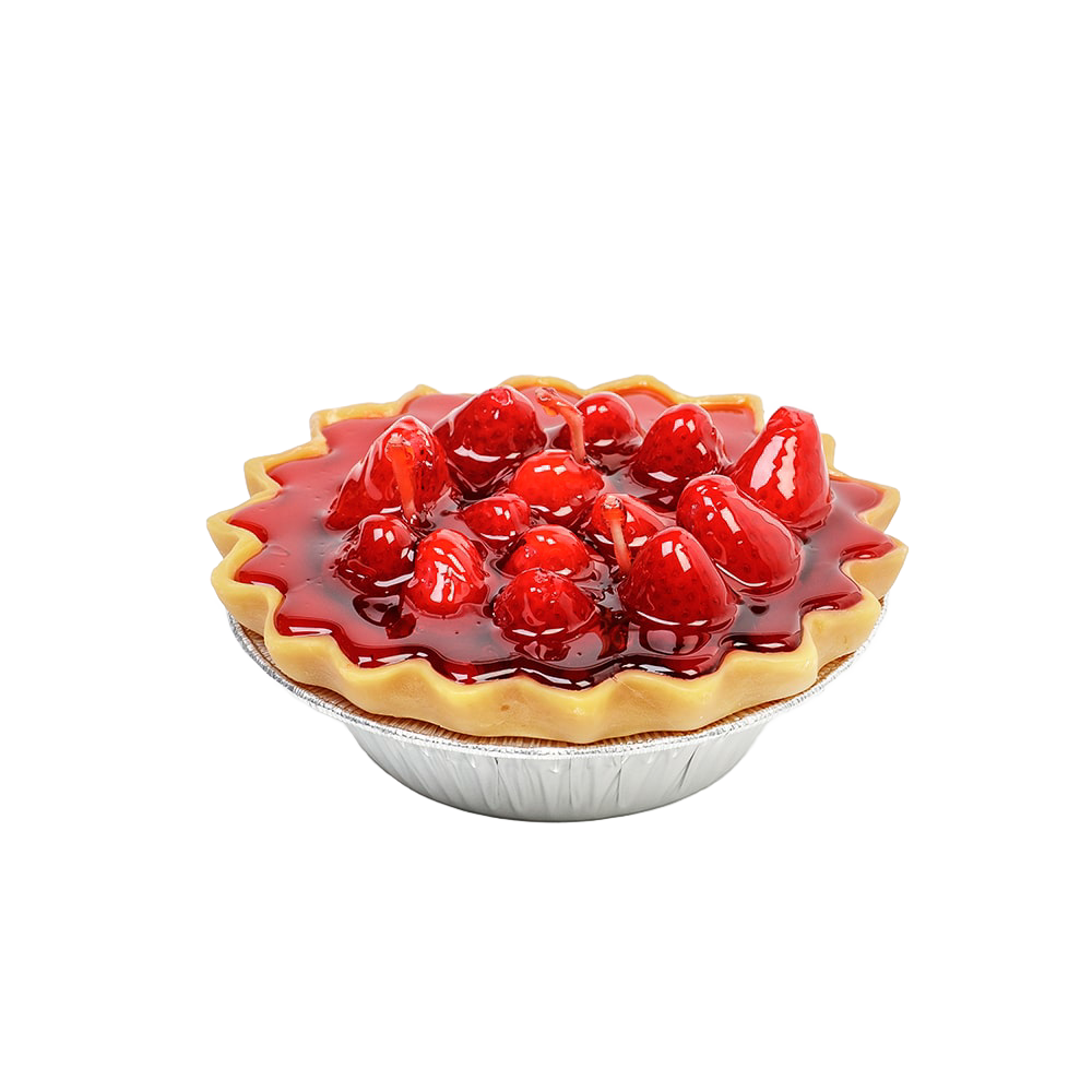 Hand-poured scented candle shaped like a strawberry pie with glossy red topping and realistic berries, handmade in the USA, perfect for kitchen décor or holiday hosting.