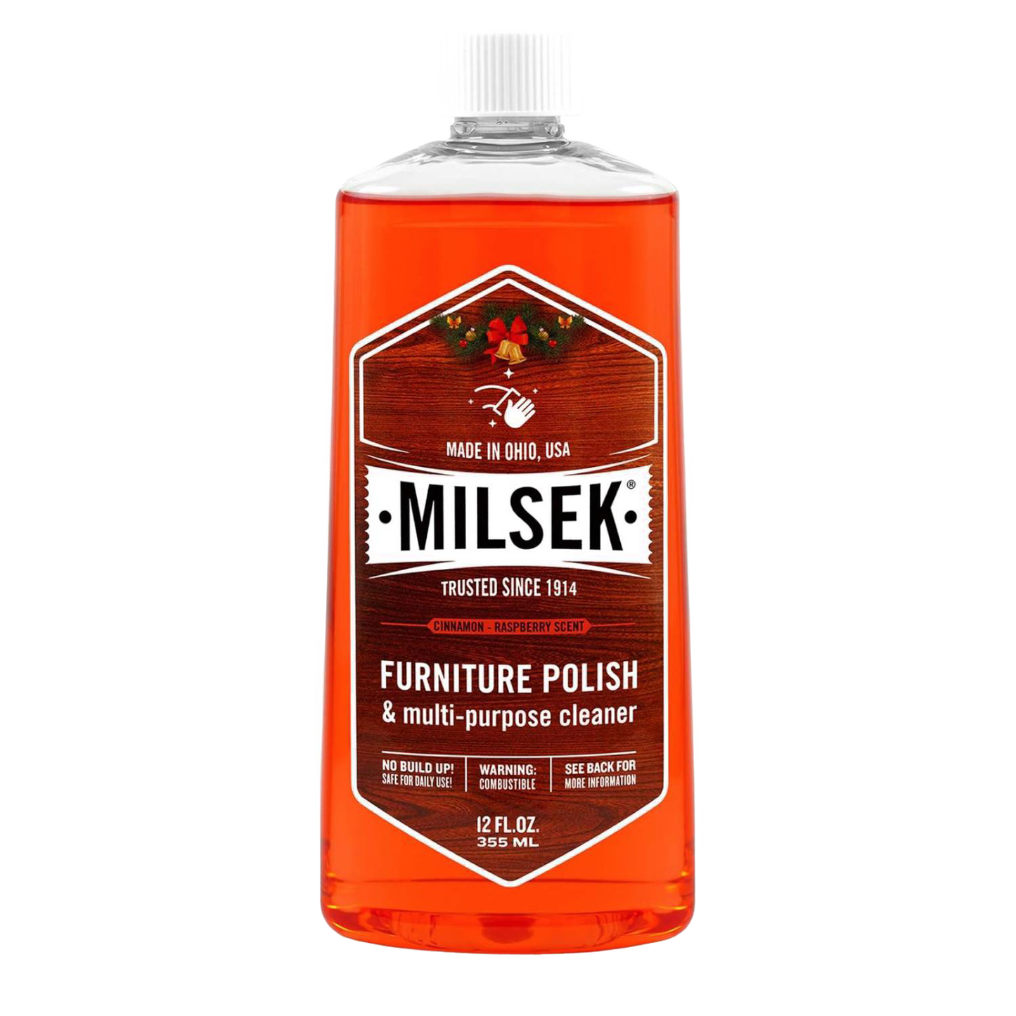 Clear plastic bottle of handcrafted wood furniture polish and multi-purpose cleaner with cinnamon-raspberry scent, amber liquid, and white cap, featured in Home & Decor, Household Cleaning, Cleaners and Polishes, USA Made, and Best Sellers collections.