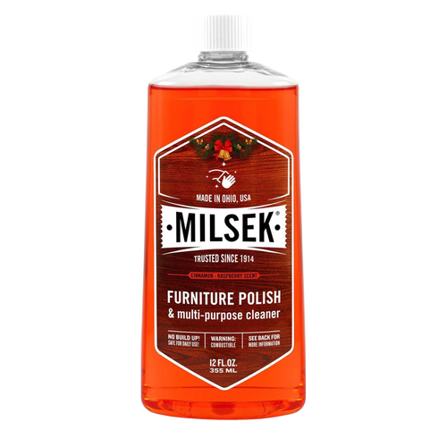 Clear plastic bottle of handcrafted wood furniture polish and multi-purpose cleaner with cinnamon-raspberry scent, amber liquid, and white cap, featured in Home & Decor, Household Cleaning, Cleaners and Polishes, USA Made, and Best Sellers collections.