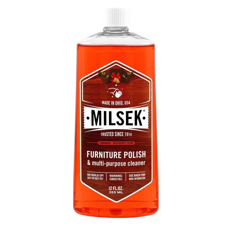 Clear plastic bottle of handcrafted wood furniture polish and multi-purpose cleaner with cinnamon-raspberry scent, amber liquid, and white cap, featured in Home & Decor, Household Cleaning, Cleaners and Polishes, USA Made, and Best Sellers collections.