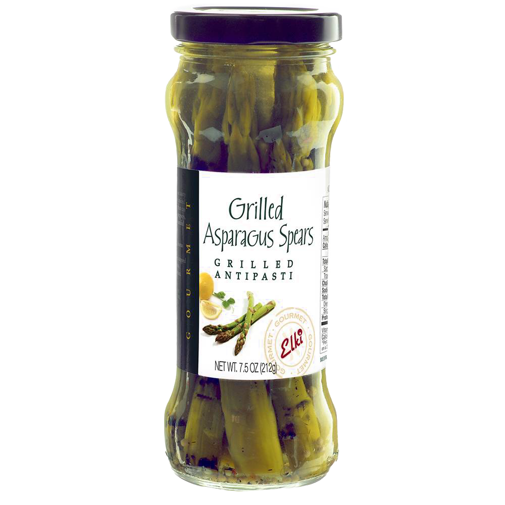 Glass jar of fire-grilled asparagus spears in marinade with deep purple lid, handcrafted for gourmet antipasti, featured in Kitchen & Food, Pantry, Best Sellers, and Promo Eligible collections.