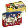 Rectangular tin box with classic metal jacks and two rubber balls inside, featuring vintage-style packaging and made in USA, ideal for traditional game collections and children's play.