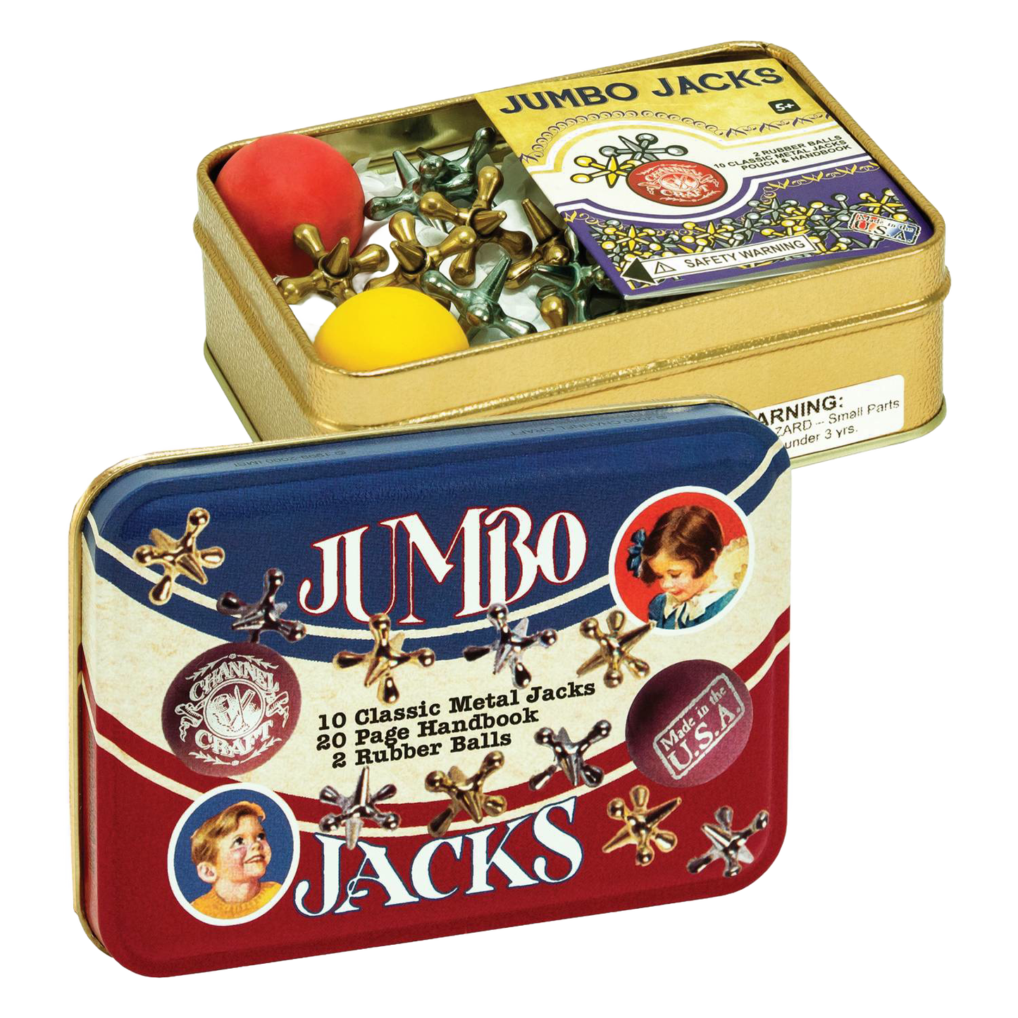 Rectangular tin box with classic metal jacks and two rubber balls inside, featuring vintage-style packaging and made in USA, ideal for traditional game collections and children's play.