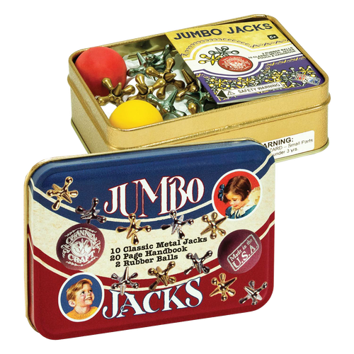 Rectangular tin box with classic metal jacks and two rubber balls inside, featuring vintage-style packaging and made in USA, ideal for traditional game collections and children's play.