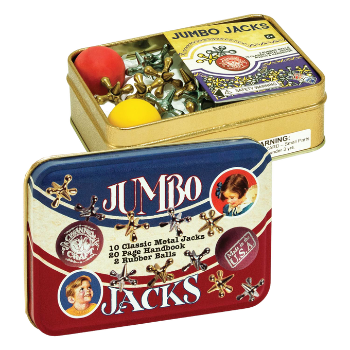 Rectangular tin box with classic metal jacks and two rubber balls inside, featuring vintage-style packaging and made in USA, ideal for traditional game collections and children's play.