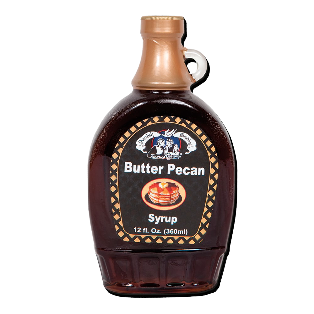 Handcrafted Amish-made butter pecan syrup in a 12 fl. oz. glass bottle, perfect for enhancing pancakes, waffles, and more in Kitchen & Food, Pantry, USA Made collections.