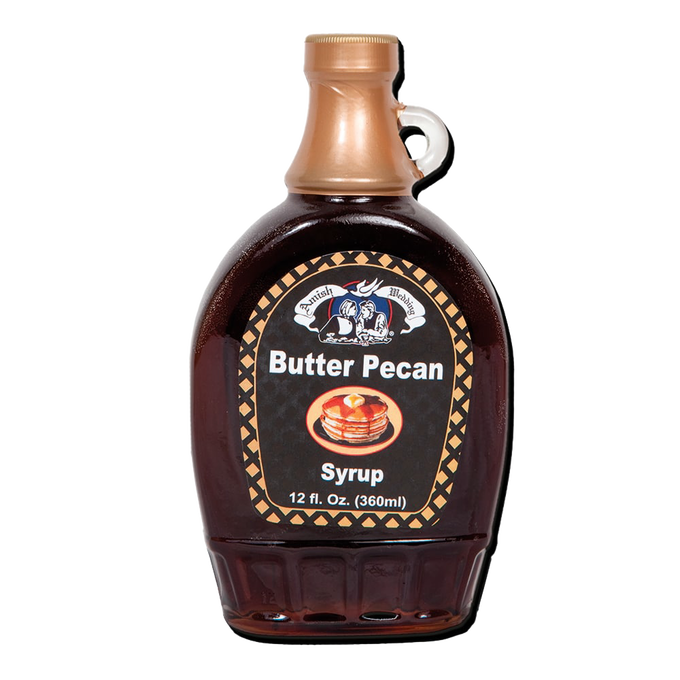 Handcrafted Amish-made butter pecan syrup in a 12 fl. oz. glass bottle, perfect for enhancing pancakes, waffles, and more in Kitchen & Food, Pantry, USA Made collections.