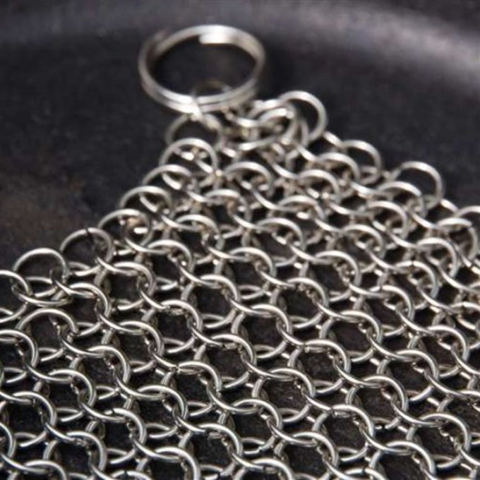 Sturdy stainless steel chainmail cleaner with keyring handle, handcrafted for scrubbing cast and wrought iron cookware, featured in Home & Decor, Household Cleaning, Cleaning Utensils, Best Sellers, and Promo Eligible collections.