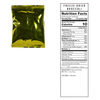 Reflective gold emergency food packaging pouch beside a detailed freeze-dried product nutritional facts label, suitable for Kitchen & Food, Emergency Supplies, and USA Made collections.