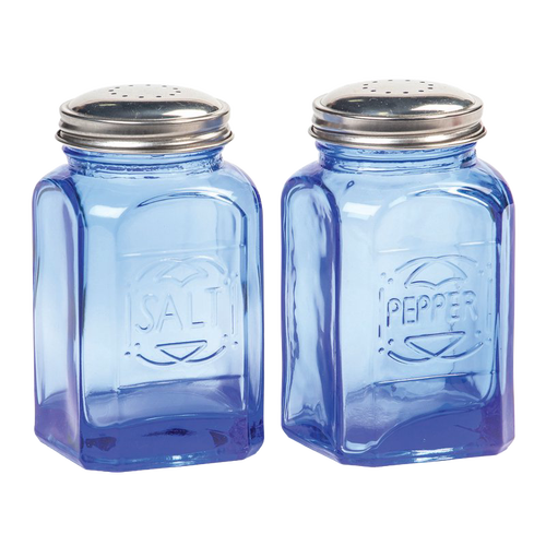 Set of two retro blue glass shakers with stainless steel lids, 8 oz capacity each, designed for Kitchen & Food, Dinnerware, Best Sellers, and Promo Eligible collections.