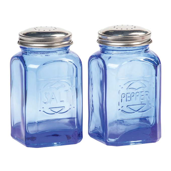 Set of two retro blue glass shakers with stainless steel lids, 8 oz capacity each, designed for Kitchen & Food, Dinnerware, Best Sellers, and Promo Eligible collections.