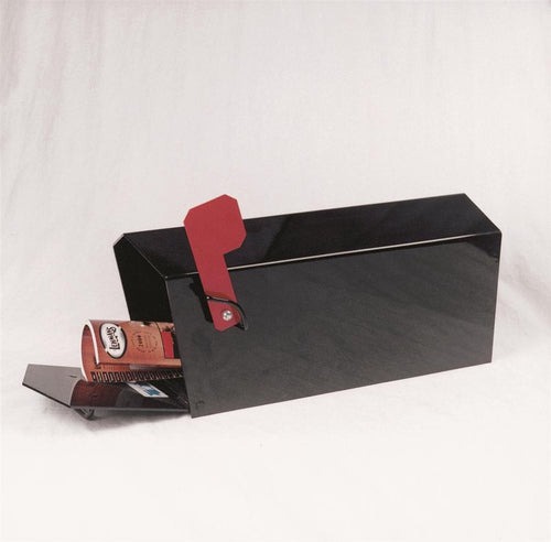 Durable steel mailbox with a rugged black finish and red flag, designed for long-lasting use in Farm, Garden & Tool, Home & Decor, Mailboxes and Address Signs, and USA Made collections.