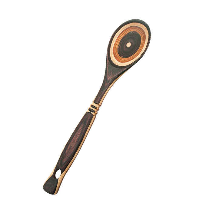 Handcrafted pakkawood spoon with distinctive concentric color rings in natural wood tones, sturdy and heat resistant, perfect for Kitchen & Food and Kitchen Gadgets collections.